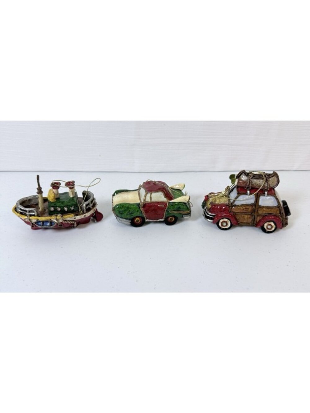Set of 3 Super Cute Painted Plastic Ornaments Whimsical Rustic Camping Boating